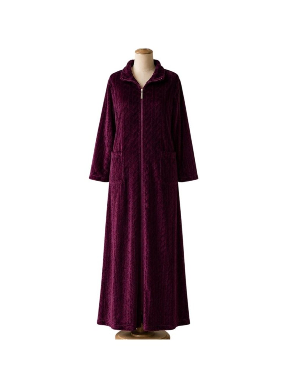 Jasmine Rose Plush Robe Size XL Zip Front Burgundy Soft Maxi Housecoat Cozy